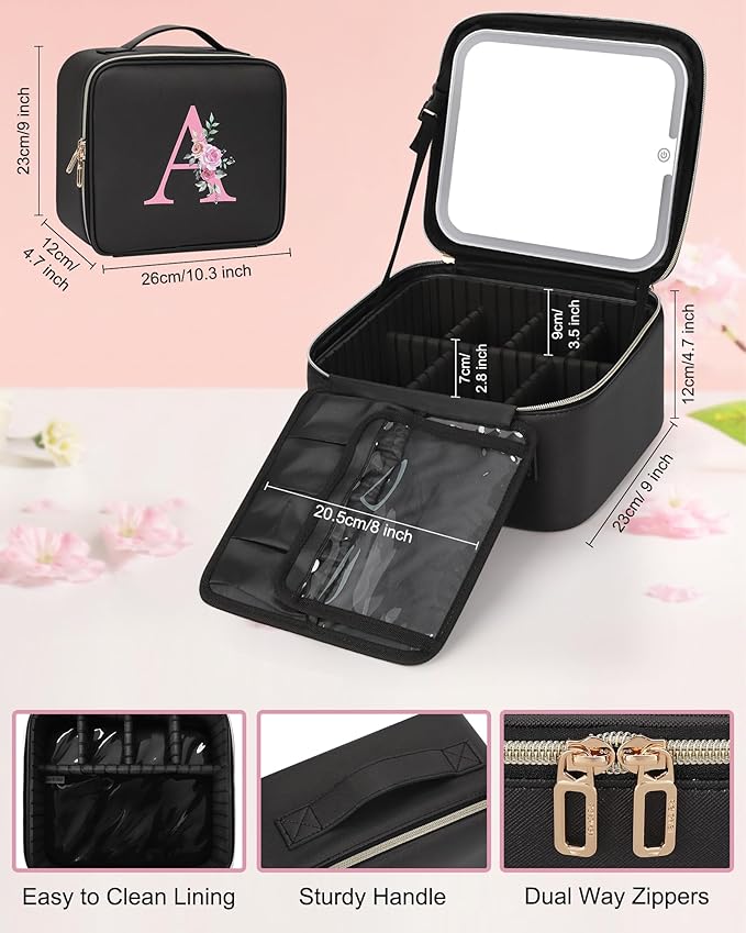 Relavel Initial Makeup Bag with LED Mirror for Women Girls, Personalized Travel Cosmetic Organizer Train Case, Birthday Gifts for Grandkids Bridesmaid Graduation Teacher Friends, Trendy Stuff, Black S