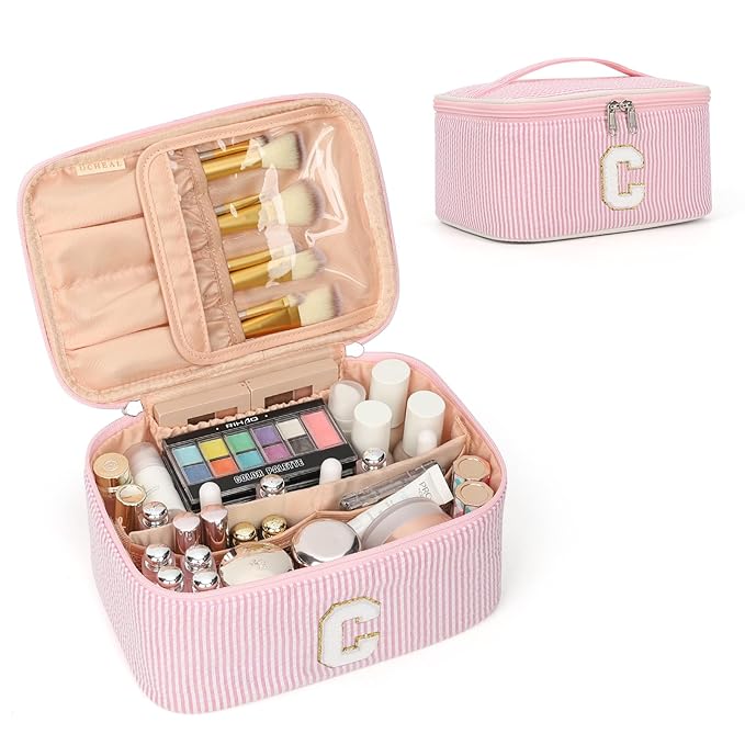 OCHEAL Makeup Bag for Women, Monogram Cosmetic Bag with Brush Holder, Pink Travel Makeup Case Beauty Toiletry Bag Organizer Personalized Gifts for Girls Bridesmaid, Sister, Wife, Friends Initial C