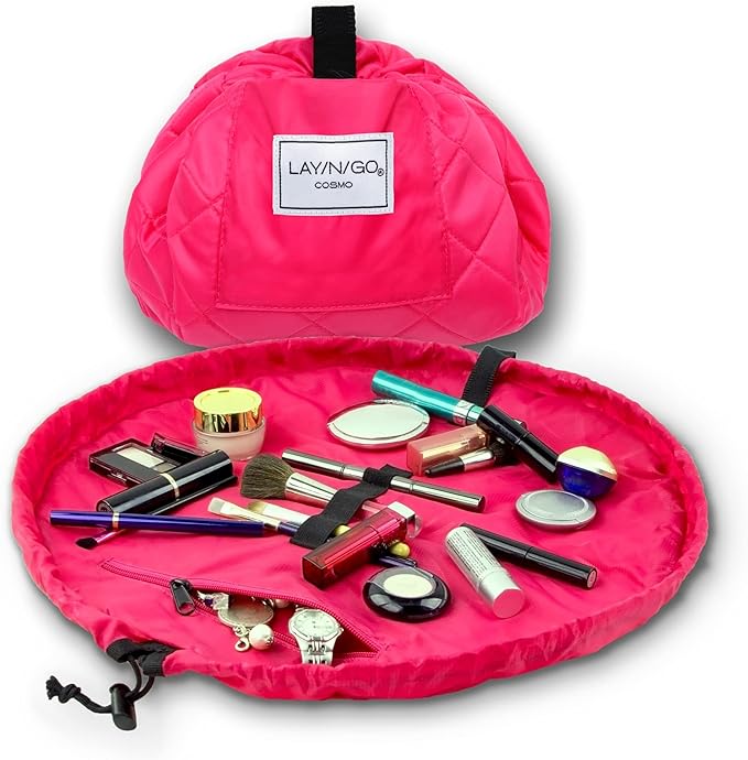 Lay-n-Go Cosmo Layflat Drawstring Cosmetic & Makeup Bag Organizer w/Zipper Pocket, Brush Loops & More, Cinch to Close, Lay Flat to Use, Durable, Machine Wash, Travel Toiletry Bag (20", Pink)