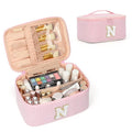 OCHEAL Makeup Bag for Women, Monogram Cosmetic Bag with Brush Holder, Pink Travel Makeup Case Beauty Toiletry Bag Organizer Personalized Gifts for Girls Bridesmaid, Sister, Wife, Friends Initiall N
