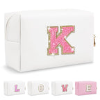 Small Personalized Initial A-Z Patch Makeup Bag,White Cute PU Leather Glitter Letter Cosmetic Bag for Teen Girls,Travel Toiletry Bag with Zipper,Preppy Monogrammed Birthday Gift for Daughter Niece K