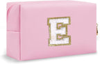 Personalized Chenille Letter Preppy Patch Makeup Bag, Small Pink Travel Cosmetic Bag Initial Toiletry Zipper Pouch Monogram Makeup Storage, Waterproof Makeup Case Travel Essentials for Women(Letter E)