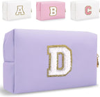 Small Personalized Letter Makeup Bag, Cute PU Leather Chenille Letters Cosmetic Bag Travel Makeup Pouch, Preppy Travel Organizer Zipper Pouch for Women&Girls（Purple-D）