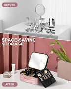 Makeup Bag with LED Lighted Mirror| Portable Makeup Organizer Train Case with 2X/3X Magnification & 3 Color Lights for Precision, Adjustable Brightness| Elegant Gift Packaging, Gift for Women, Pink