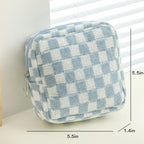 Small Blue Makeup Bag for Purse, Mini Checkered Cosmetic Bag Zipper Cute Make Up Pouch Travel Toiletry Case Quilted Aesthetic Accessories Makeup Storage Bag Organizer for Women Girls