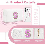 Small Initial Patch Makeup Bag Personalized Gifts Make Up Bag,White Cute PU Leather Glitter Letter Cosmetic Bag with Zipper,Trendy Portable Travel Toiletry Pouch,Preppy Stuff for Teen Girls Women S