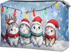 COEQINE Cute Makeup Bags for Women Christmas Cat Kawaii Cosmetic Zipper Pouch Bags with Zipper Soft Leather Makeup Brush Holder Storage Toiletry Holiday Handbag