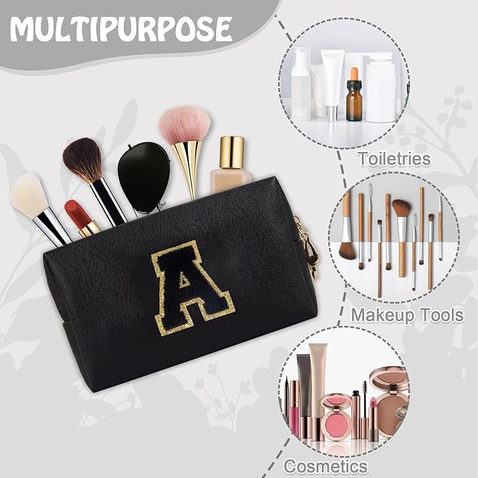 Personalized Initial Preppy Patch Makeup Bag, Small Cute Cosmetic Pouch Make Up Case Travel Toiletry Zipper Pouch, Monogram Waterproof PU Leather Chenille Letter Storage Bag Gifts for Women(Letter A)