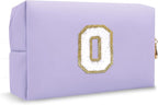 Small Initial Preppy Patch Makeup Bag, Personalized Purple Cute Cosmetic Zipper Pouch Toiletry Bags for Traveling, Waterproof Chenille Letter Make Up Storage Bags Travel Essentials for Women(Letter O)