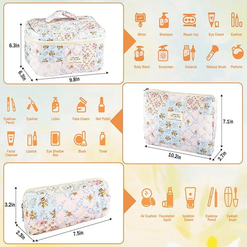 3Pcs Cotton Quilted Makeup Bag for Women Girls Large Small Travel Floral Cosmetic Bags Set Cute Coquette Makeup Pouch for Purse Aesthetic Cloth Bee&Flower Storage Toiletry Bag Organizer