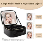 Travel Makeup Bag with LED Mirror – 3 Brightness Modes, Portable Lighted Makeup Case with Adjustable Dividers, Cosmetic Organizer Gift for Women (Black)