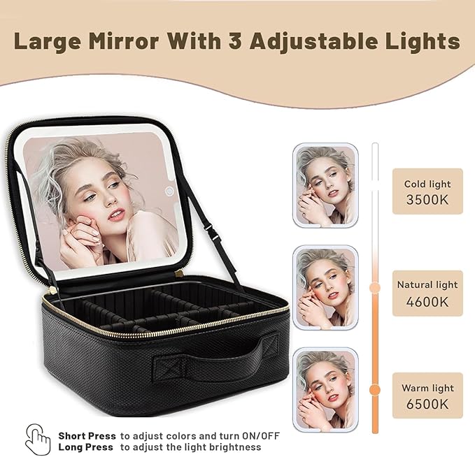 Travel Makeup Bag with LED Mirror – 3 Brightness Modes, Portable Lighted Makeup Case with Adjustable Dividers, Cosmetic Organizer Gift for Women (Black)