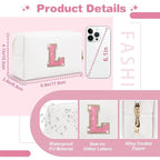 Small Initial Patch Makeup Bag Personalized Gifts Make Up Bag,White Cute PU Leather Glitter Letter Cosmetic Bag with Zipper,Trendy Portable Travel Toiletry Pouch,Preppy Stuff for Teen Girls Women L