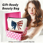 Coquette American Flag Bow Makeup Bag, Gifts for Patriotic Women Cosmetic Bag, Preppy Red White and Blue Bow Small Toiletry Bags Zipper Makeup Pouch