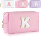 MSQ Personalized Makeup Bag Initial A-Z Patch Bag, PU Leather Cosmetic Bag Pouch Travel Toiletry Bag with Zipper, Gift Ideal for Teen Girls Friend Mom Women Birthday(Pink K)