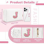 Small Initial Patch Makeup Bag Personalized Gifts Make Up Bag,White Cute PU Leather Glitter Letter Cosmetic Bag with Zipper,Trendy Portable Travel Toiletry Pouch,Preppy Stuff for Teen Girls Women J