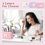 MSQ Personalized Makeup Bag Initial A-Z Patch Bag, PU Leather Cosmetic Bag Pouch Travel Toiletry Bag with Zipper, Gift Ideal for Teen Girls Friend Mom Women Birthday (Pink M)