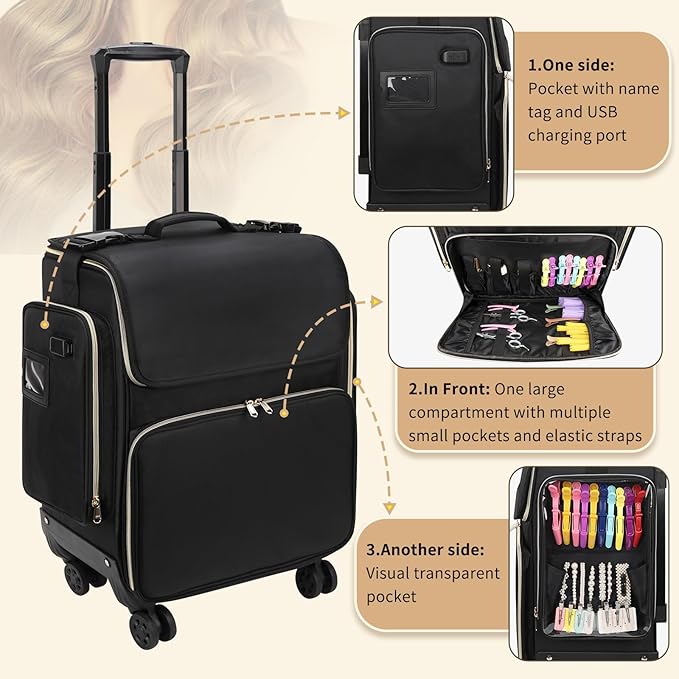 Large Makeup Train Case for Hairstylists & Hairdressers - Cosmetic Organizer with Detachable Pouch, Heat-Insulated & Anti-Scald Full Layer, Hairdressing Tool Storage Trolley with 4 360° Swivel Wheels