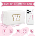 Small Personalized Initial A-Z Preppy Patch Makeup Bag,White PU Chenille Letter Travel Cosmetic Pouch with Zipper,Cute Toiletry Bag,Gift Ideal for Teen Girls Women Teacher Bridesmaid,Letter W