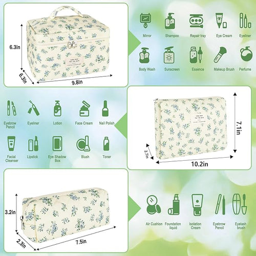 3Pcs Makeup Bag Quilted Cotton Cosmetic Bags for Women Large Small Blue Makeup Pouch Set Cute Coquette Floral Travel Bags Portable Skincare Toiletry Bag Vintage Puffy Essential Organizer