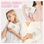Personalized Initial Preppy Makeup Bag Organizer, Small Travel Cute White Cosmetic Bag Toiletry Zipper Pouch for Women, Portable Waterproof PU Makeup Case for Women Teacher Graduation Gift(Letter G)