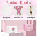 Small Personalized Glitter Initial Letter Makeup Bag, Cute PU Leather Chenille Letters Cosmetic Bag Travel Makeup Pouch, Preppy Travel Organizer Zipper Pouch for Women&Girls（WhiteRosePink-Y）