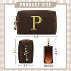 Personalized Initial Makeup Bag,Preppy Suede Cosmetic Bag for Teen Girls,Small Monogram Travel Toiletry Bag With Gold Embroidered Letter,Trendy Stuff Custom Christmas Gift for Women(Coffee-P)