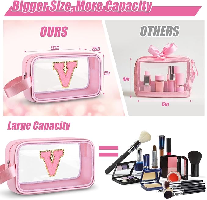 Initial Makeup Bag,Letter V Cute Clear Monogrammed Cosmetic Travel Bag for Womens Girls,Personalized Pink Aesthetic Traveling Make Up Organizer Bag for Beach,Waterproof Toiletry Bag