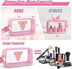 Initial Makeup Bag,Letter V Cute Clear Monogrammed Cosmetic Travel Bag for Womens Girls,Personalized Pink Aesthetic Traveling Make Up Organizer Bag for Beach,Waterproof Toiletry Bag