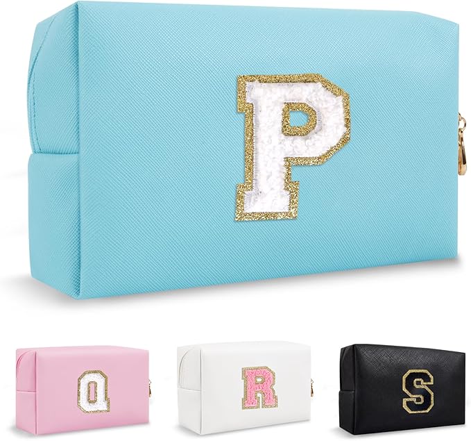 Personalized Initial Preppy Makeup Bag Organizer, Small Blue Cosmetic Bag Monogram Travel Toiletry Zipper Pouch for Purse, Portable Waterproof PU Make Up Case Party Gift for Women Friends(Letter P)