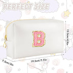 Initial Makeup Bag Personalized Preppy Travel Small Cosmetic Bag Cute PU White Chenille Letter Makeup Pouch for Purse Waterproof Zippered Toiletry Organizer for Women Girls Kids Friends (B)