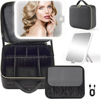 Makeup Bag with Removable Lighted Mirror, Travel Make up Bag with Lights Portable Makeup Case Organizer with Mirror 360° Adjustable Angle, Partitionable Cosmetic Bag Accessories Makeup Train Case Gift