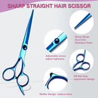 Hair Cutting Scissors Kit 11PCS, Professional Haircut Scissors with Japanese Stainless Steel Shears, Thinning Shears, Haircut Accessories in Leather Case for Salon/Home (Blue)