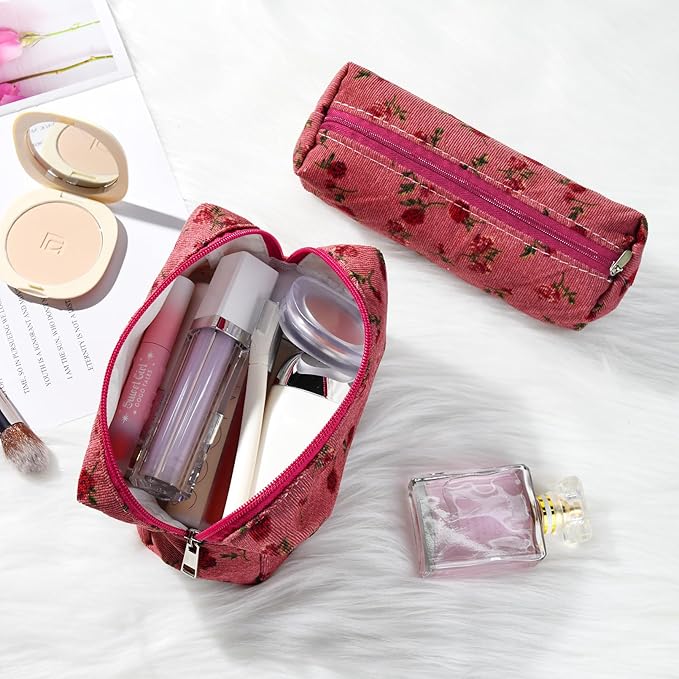 SOIDRAM Makeup Bag Floral Cosmetic Bag Cute Makeup Pouch 1Pcs Large Capacity Makeup Bags and 1Pcs Makeup Brushes Storage Bag Travel Toiletry Bag Organizer