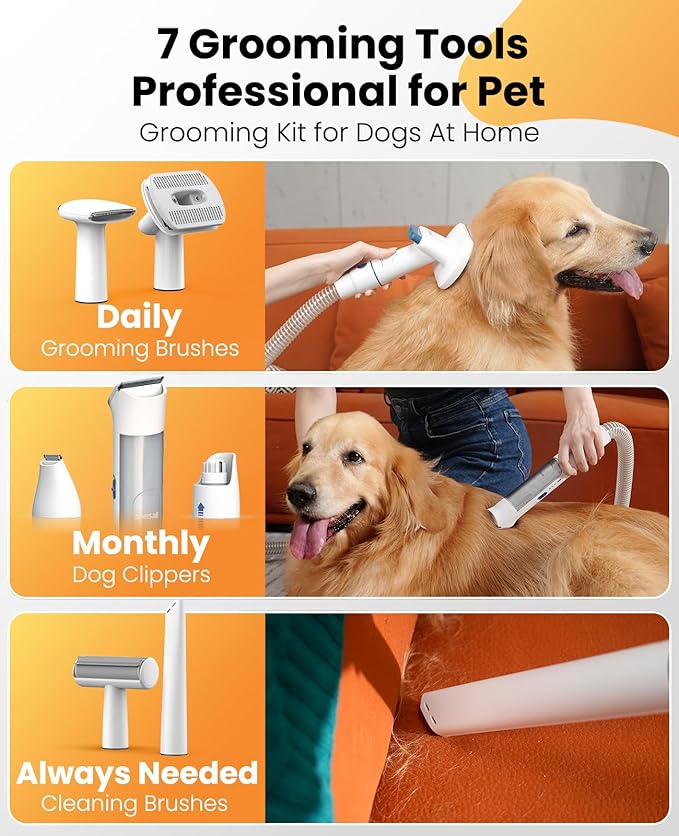 oneisall Dog Grooming Vacuum, 13000Pa Powerful 3L Dust Cup Pet Vacuum with Clippers & Shedding Brush 7 in 1 Dog Grooming Kit, 3L Dust Cup, Super Quiet, 3 Suction Levels, BM3