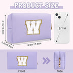 Small Travel Initial Preppy Makeup Bag, Chenille Letter Cute Purple Cosmetic Organizer Toiletry Zipper Pouch, Waterproof Make Up Case Storage Personalized Wedding Gift for Brides Bridesmaids(Letter W)