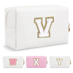 Small Personalized Initial A-Z Preppy Patch Makeup Bag,White PU Chenille Letter Travel Cosmetic Pouch with Zipper,Cute Toiletry Bag,Gift Ideal for Teen Girls Women Teacher Bridesmaid,Letter V