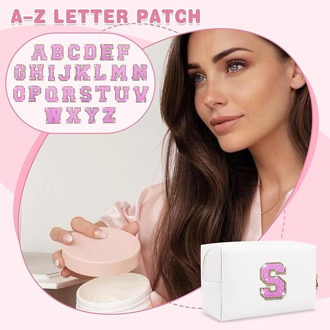 Small Initial Patch Makeup Bag Personalized Gifts Make Up Bag,White Cute PU Leather Glitter Letter Cosmetic Bag with Zipper,Trendy Portable Travel Toiletry Pouch,Preppy Stuff for Teen Girls Women S