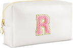 Initial Makeup Bag Personalized Preppy Travel Small Cosmetic Bag Cute PU White Chenille Letter Makeup Pouch for Purse Waterproof Zippered Toiletry Organizer for Women Girls Kids Friends (R)
