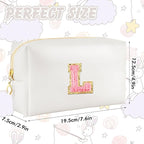 Initial Makeup Bag Personalized Preppy Travel Small Cosmetic Bag Cute PU White Chenille Letter Makeup Pouch for Purse Waterproof Zippered Toiletry Organizer for Women Girls Kids Friends (L)
