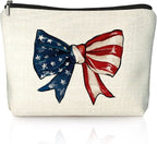 Coquette American Flag Bow Makeup Bag, Gifts for Patriotic Women Cosmetic Bag, Preppy Red White and Blue Bow Small Toiletry Bags Zipper Makeup Pouch