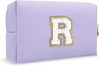 Small Travel Initial Preppy Makeup Bag, Personalized Purple Cute Chenille Letter Cosmetic Organizer Travel Toiltery Zipper Pouch Purse, Monogram Makeup Storage Gift for Friend Birthday Women(Letter R)