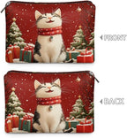 COEQINE Christmas Cat Makeup Bags for Women Travel Leather Make Up Pouch Portable Cosmetic Bag Waterproof Travel Makeup Case Organizer for Womens Birthday Xmas Gifts Toiletry Handbag for Holiday