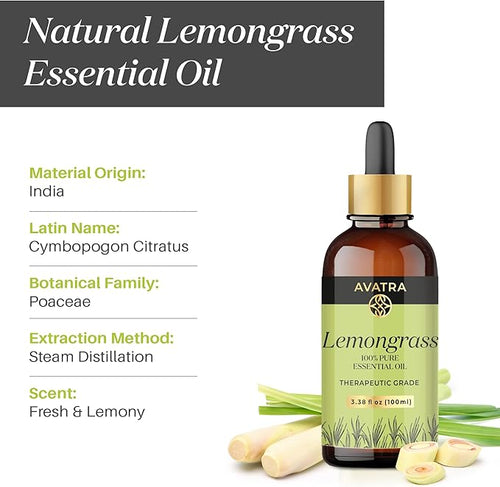 Avatra Lemongrass Essential Oil 100ML (3.38 OZ) with Glass Dropper and Travel Bottle, Pure and Natural Therapeutic Grade Lemongrass Oil for Diffuser, Aromatherapy, Massage, and DIY Candle Products