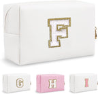 Small Initial Preppy Makeup Bag, Personalized Travel Cosmetic Organizer Chenille Letter White Toiletry Zipper Pouch, Portable Waterproof Makeup Case Birthday Gifts for Female Friends Mom(Letter F)