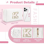 Small Initial Patch Makeup Bag Personalized Gifts Make Up Bag,White Cute PU Leather Glitter Letter Cosmetic Bag with Zipper,Trendy Portable Travel Toiletry Pouch,Preppy Stuff for Teen Girls Women K