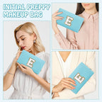 Personalized Chenille Letter Preppy Patch Makeup Bag, Small Blue Cosmetic Organizer Initial Toiletry Zipper Pouch Monogram Makeup Storage, Waterproof Makeup Case Travel Essentials for Women(Letter E)