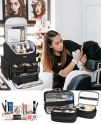 Relavel Makeup Backpack Large Makeup Bag with 3 Clear Set Bags, Dual Layer Professional Cosmetic Organizer Travel Train Case Makeup Artist Kit with Adjustable Dividers & Easy to Clean Lining, Black