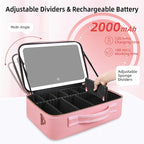Upgraded Large Travel Makeup Bag with LED Mirror, 15” Professional Makeup Case with 3 Color Modes Dimming Lighted Mirror, Light up Cosmetic Make up Organizer with PU Leather Cover, Adjustable Dividers