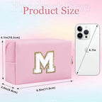 Small Personalized Letter Makeup Bag, Cute PU Leather Chenille Letters Cosmetic Bag Travel Makeup Pouch, Preppy Travel Organizer Zipper Pouch for Women&Girls（Pink-M）